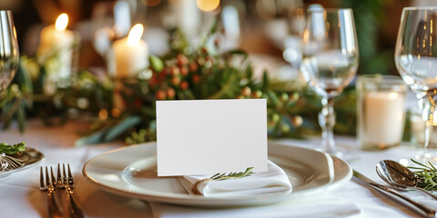 Wall Mural - Mockup white blank space card. Greeting, invitation or menu card on wedding table setting. Beautiful table set for some festive event or wedding reception.