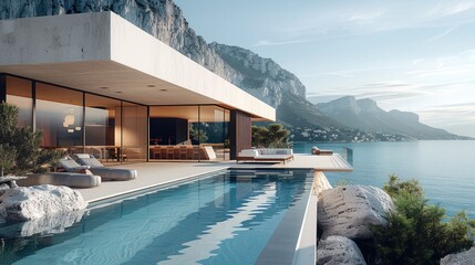 Wall Mural - modern house with pool and terrace, overlooking the sea and mountains, with large rocks in front of 