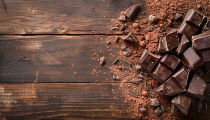 Canvas Print - Broken chocolate pieces and cocoa powder on wooden background