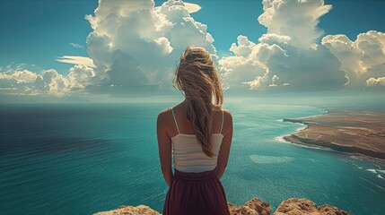 Wall Mural - A beautiful young woman looks at the beautiful sea, clouds and mainland in the far distance the Red Sea. Generative AI.