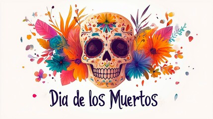 Celebratory sugar skull design with vibrant flowers for Día de los Muertos in a colorful arrangement