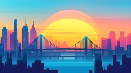 Wall Mural - Cityscape Sunset with Bridge Silhouette