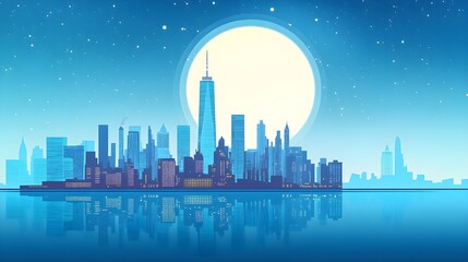 Wall Mural - Night Cityscape with Full Moon and Reflection