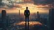 © Theeranan - A businessman gazing at a city skyline from a high-rise office, his aspirations soaring towards the sky with the urban landscape as his backdrop.