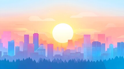 Canvas Print - Sunrise Cityscape Digital Art, Pastel Colors, Modern Design