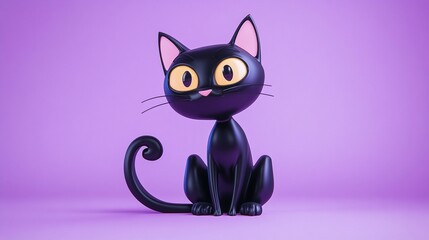 A 3D cartoon black cat with a playful expression on a pastel purple background