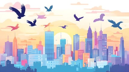 Wall Mural - Colorful Cityscape with Birds Flying at Sunset