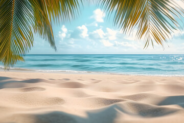 Wall Mural - Tropical summer sand beach and palm on sea sky background, copy space. Summer vacation and travel concept.