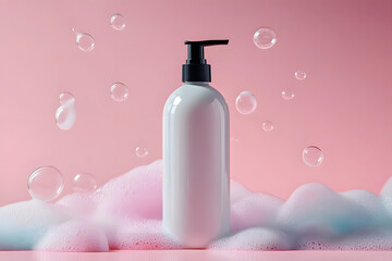 Shampoo bottle with soapy bubbles. Plastic white packing with black cap beauty skincare cosmetic packaging mockup