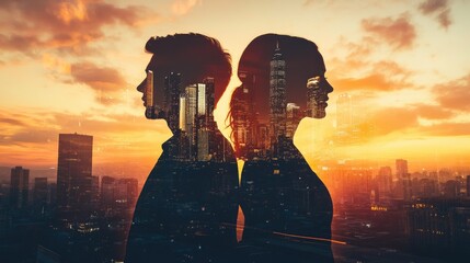 A double exposure of a man and woman standing back to back, with city buildings superimposed on their heads against a sunset background.