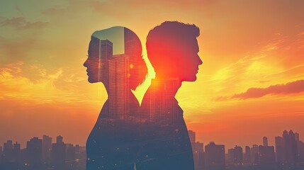 A double exposure of a man and woman standing back to back, with city buildings superimposed on their heads against a sunset background.