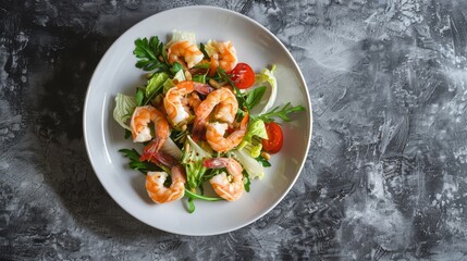 Wall Mural - A tasty shrimp salad meticulously arranged with greens, tomatoes, and parsley on a white plate against a rustic backdrop.