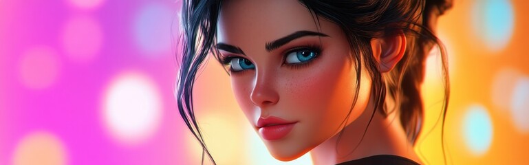 Poster - Vibrant 3D Cartoon of a Fit and Attractive Young Woman Showcasing Sensuality and Charm