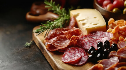 Sliced gourmet meat, cheese, vegetables and fruits on wooden board