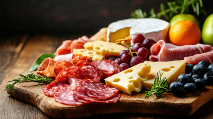 Wall Mural - Sliced gourmet meat, cheese, vegetables and fruits on wooden board