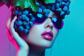 Girl with grapes on her head, hairstyle, wreath. Creative modern art. A bunch of grapes