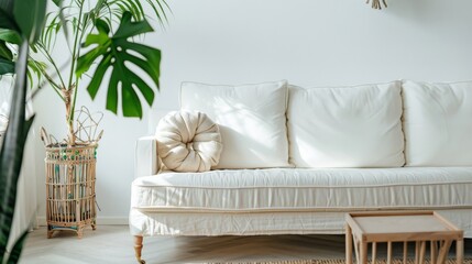 Wall Mural - A stylish white living room features a cozy sofa bathed in natural light, accentuated by lush green plants, capturing a serene and minimalist vibe.