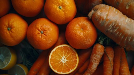 Sticker - Close-up of fresh oranges and carrots with dew, capturing the richness of orange hues and textures, evoking a sense of health and vitality.