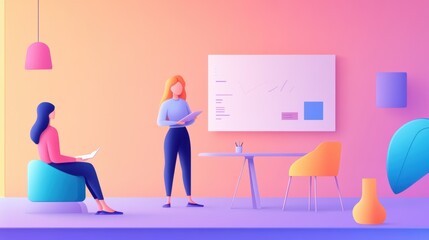 Poster - Two people are sitting at a table with one person standing, AI