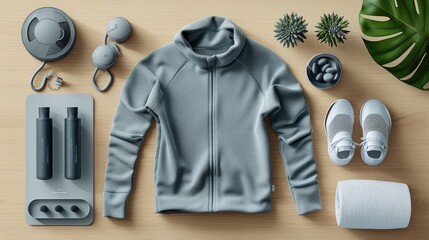 Wall Mural - Minimalist eco-friendly workout essentials. top view. Generative AI.