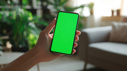 Woman holding a blank green screen mobile phone, a blurred background in a home office interior