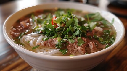 Wall Mural - A single, perfectly cooked bowl of pho, with a flavorful broth, rice noodles, meat, and vegetables. The pho is arranged neatly in a white bowl. Generative AI.