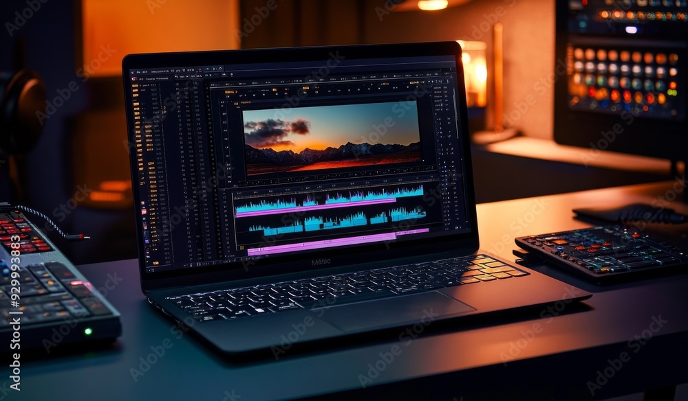 Laptop with video editing software open on the screen, on a desk in a ...