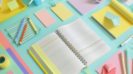 An overhead shot of pastel-colored school supplies neatly arranged around an open notebook with lined paper, on a turquoise surface.