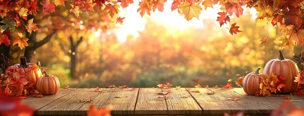 Poster - In this simple autumn banner, a pumpkin sits on a natural wood table top in front of a woodland scene.