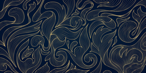 Wall Mural - vector gold on black luxury swirl pattern, floral baroque, modern antique background. line fancy nou