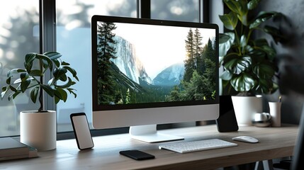 Poster - Workspace, Mockup computer PC isolated white screen on desk with smartphone, keyboard, mouse and working accessories. Generative AI.