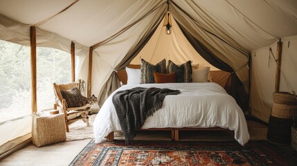 Inside a glamping tent, luxurious bedding and rustic charm meet, providing a sustainable outdoor recreation experience.