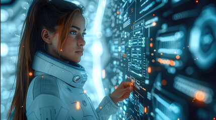 Poster - Woman using technology smart robot AI, artificial intelligence by enter command prompt for generates something, Futuristic technology transformation. Chat with AI. Generative AI.