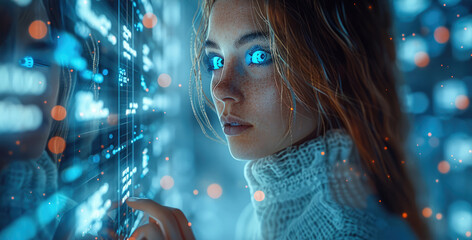 Poster - Woman using technology smart robot AI, artificial intelligence by enter command prompt for generates something, Futuristic technology transformation. Chat with AI. Generative AI.