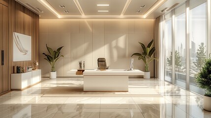 Wall Mural - Large office working interior background, boss room, beige color palette, in brightly lit. Generative AI.