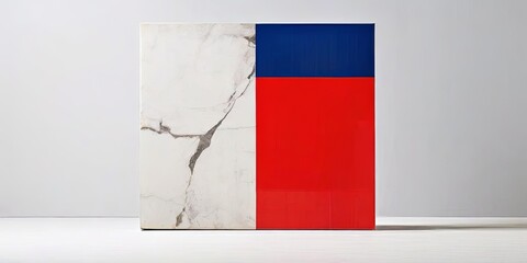 A white and red painting with a blue border