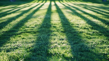 Poster - Serene green meadow with long shadows of trees cast across the grass, evoking a peaceful, early morning ambiance.