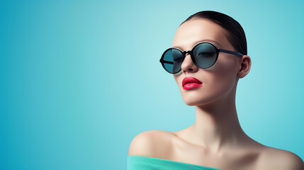 Wall Mural - Fashionable round sunglasses with thin frames and tinted lenses, showcased by a model against a vibrant blue background, highlighting a bold and modern style.