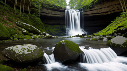 a waterfall in the middle of a forest with rocks and water flowing out of it. AI generated