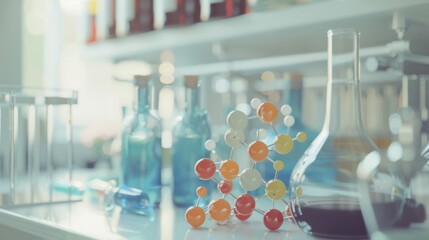 Lab equipment and a chemical model in a bright, organized laboratory, creating a space of scientific discovery and learning.