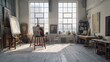 © VK Studio - A sunlit artist's studio with large windows, an easel, and various paintings, creating an inspiring and serene atmosphere.
