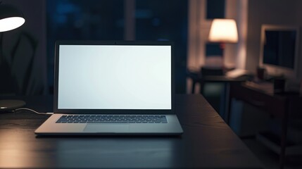 A modern workspace at night, featuring an open laptop with a blank screen lit by soft lighting from a desk lamp and a table lamp in the background.