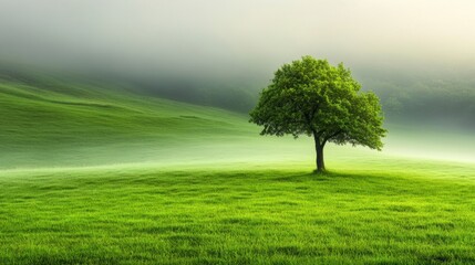 Poster - A lone tree in a green field with fog and mountains, AI