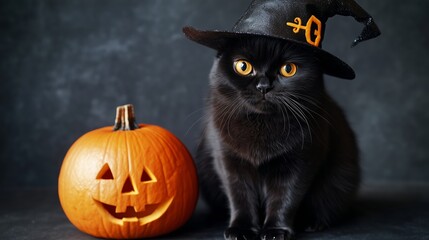 A black cat wearing a witch's hat with a pumpkin. A Halloween mood.