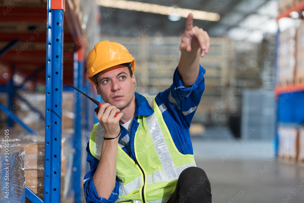 Male warehouse worker wearing hard hat and uniform using radio ...