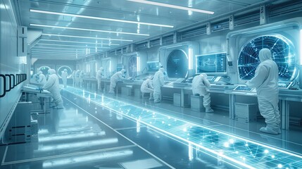 Poster - A futuristic high-tech laboratory with workers in white hazmat suits, working on advanced technology and holographic displays, inside an industrial building. Generative AI.