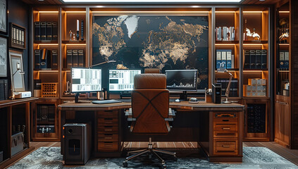 Aufkleber - The luxury high-tech basement office with a wooden desk and marble, multiple high-tech monitors, ergonomic chair, shelves filled with programming books, and a cabinet with expensive drinks.