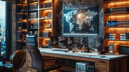 Aufkleber - The luxury high-tech basement office with a wooden desk and marble, multiple high-tech monitors, ergonomic chair, shelves filled with programming books, and a cabinet with expensive drinks.