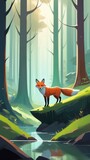 A picturesque illustration of a solitary fox standing gracefully on a moss covered rock in a serene forest setting