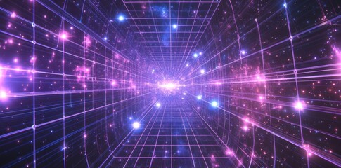 Wall Mural - backdrop with blue perspective grid and stars in the sky. synthwave background with glowing grids in